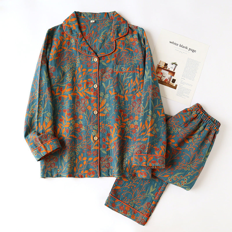 Cotton Yarn-dyed Jacquard Vintage Leaf Pajamas Set Women