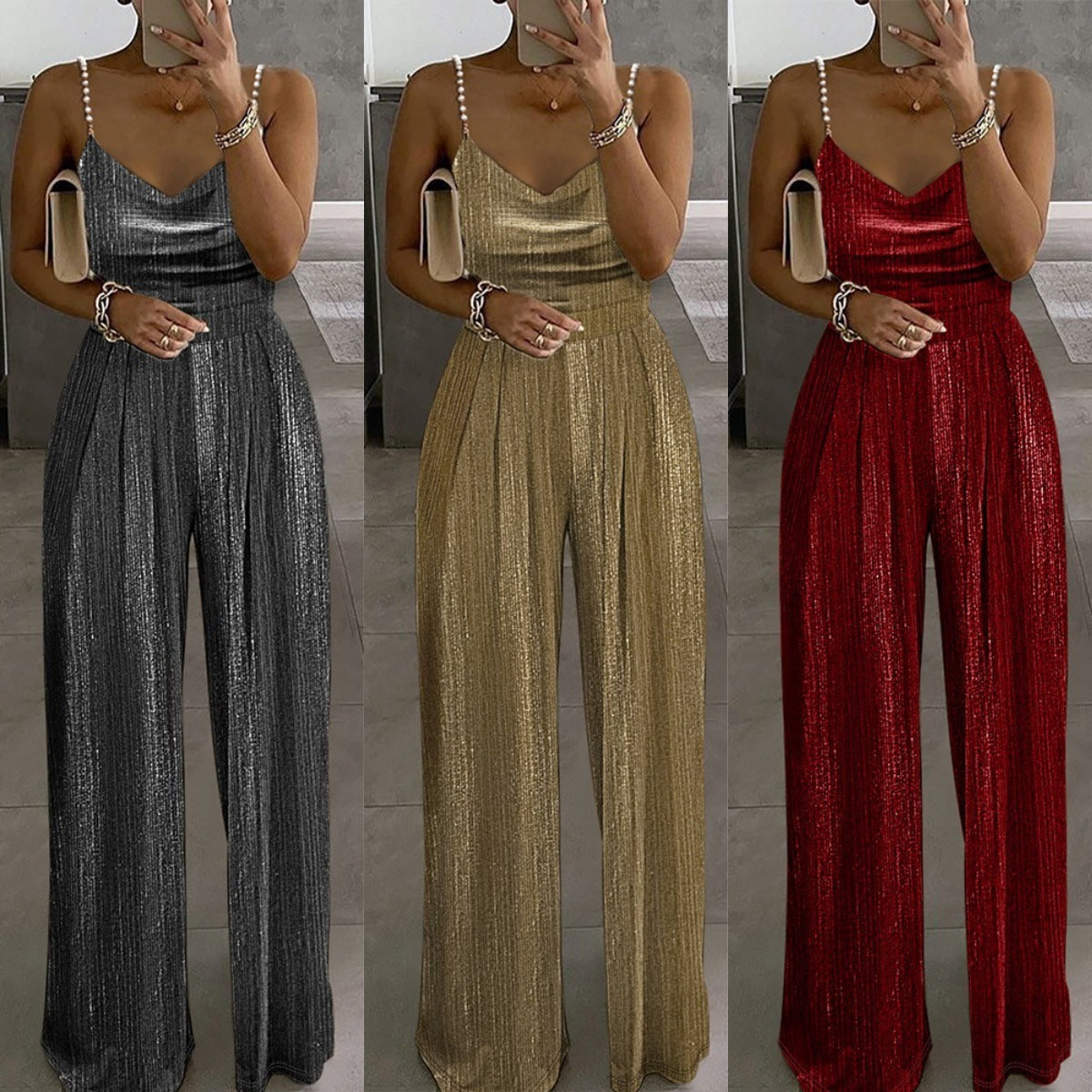 Off-the-shoulder Beaded Pleated Jumpsuit Women's Street