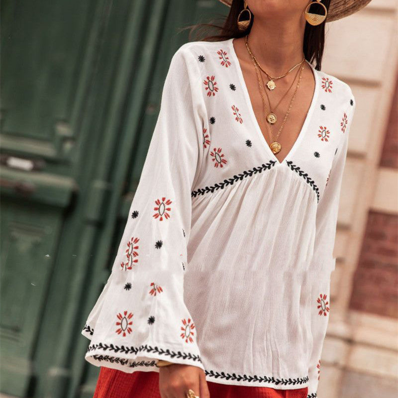 European And American Ladies Autumn Top V-neck Imitation Embroidered Printed