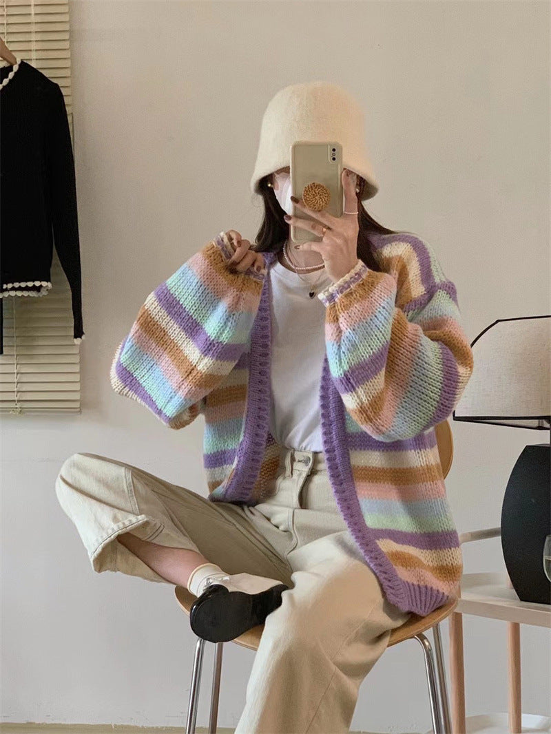 Rainbow Striped Knitted Cardigan For Women Loose Sweater Coat