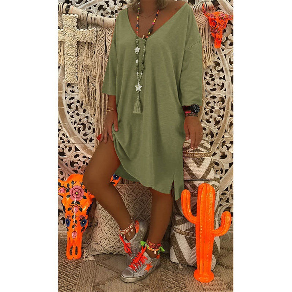 V-neck Long Sleeve Loose Solid Color Dress