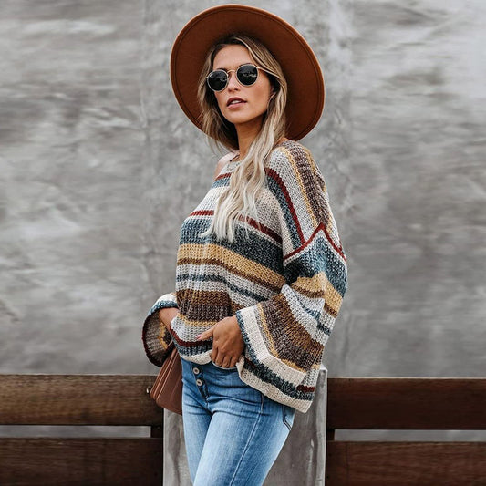 Striped long sleeve loose round neck pullover sweater women