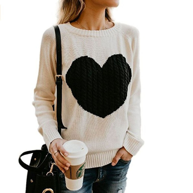 Autumn Winter Women Sweaters Heart Pattern Printed Long Sleeve Tops O-Neck Lovely Pullovers Knitted Loose Sweaters Tops