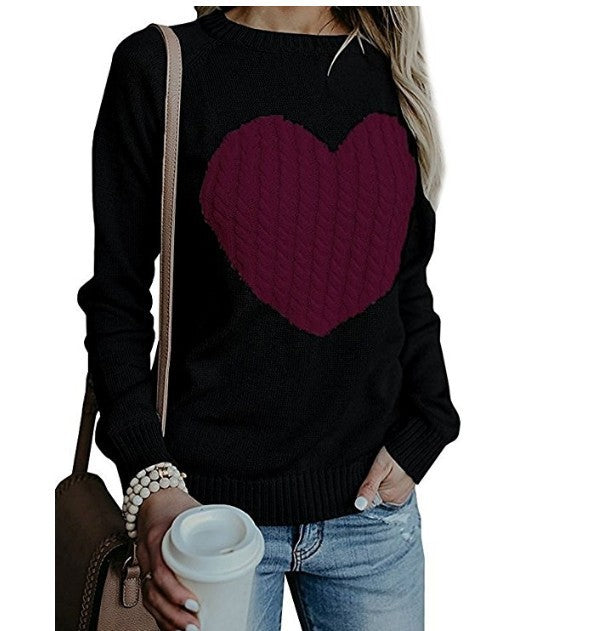 Autumn Winter Women Sweaters Heart Pattern Printed Long Sleeve Tops O-Neck Lovely Pullovers Knitted Loose Sweaters Tops