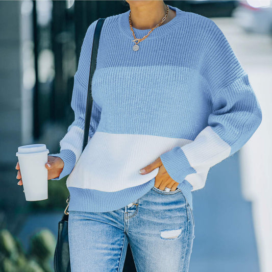 Women Knitted Stitching Loose Contrast Sweater