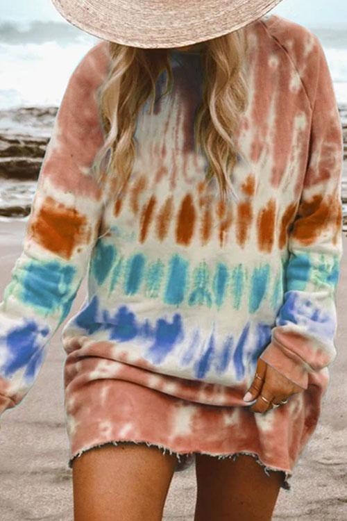 Tie-dye printed loose long-sleeved T-shirt dress