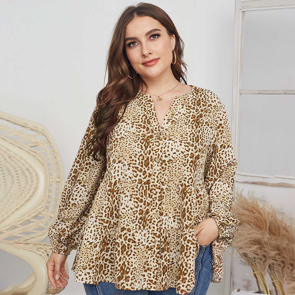 Original Design Plus Size V-neck Print Top Long Sleeve Shirt