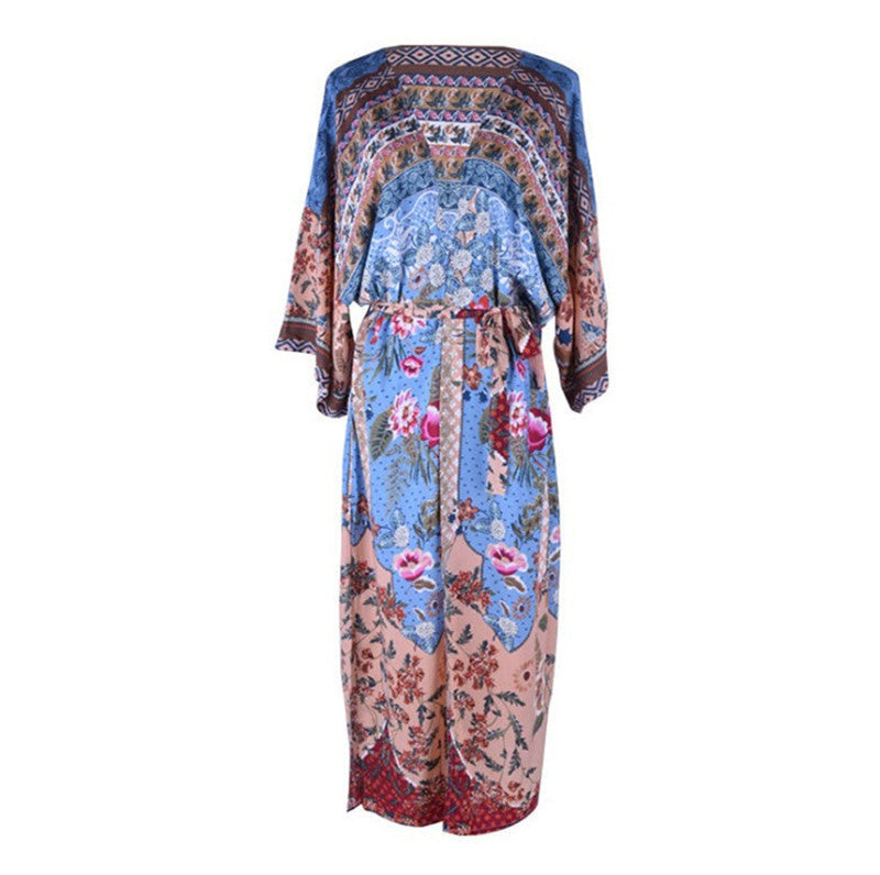 Rayon Watermark Printed Beach Cover-up Cardigan Long Dress