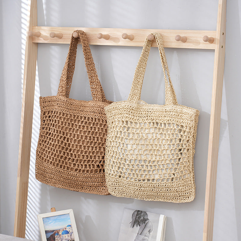 Women's Retro Artistic Beach Bag Paper String Hand-woven Beach Vacation Leisure Large Capacity Handbag