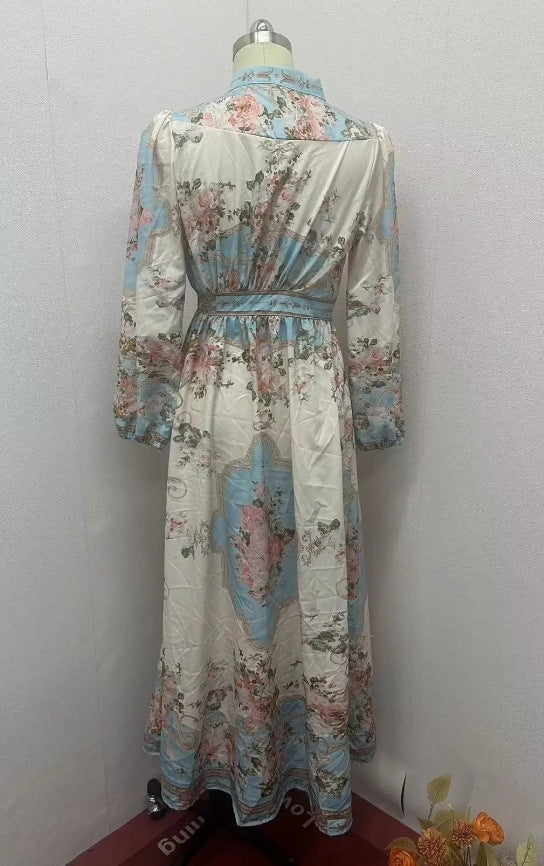 Tea Break French Style Vintage Fashion Print Elegant Long Sleeve Dress