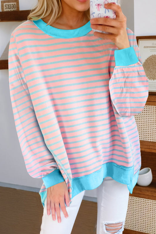 Pink Stripe Contrast Trim High Low Pullover Tunic Sweatshirt