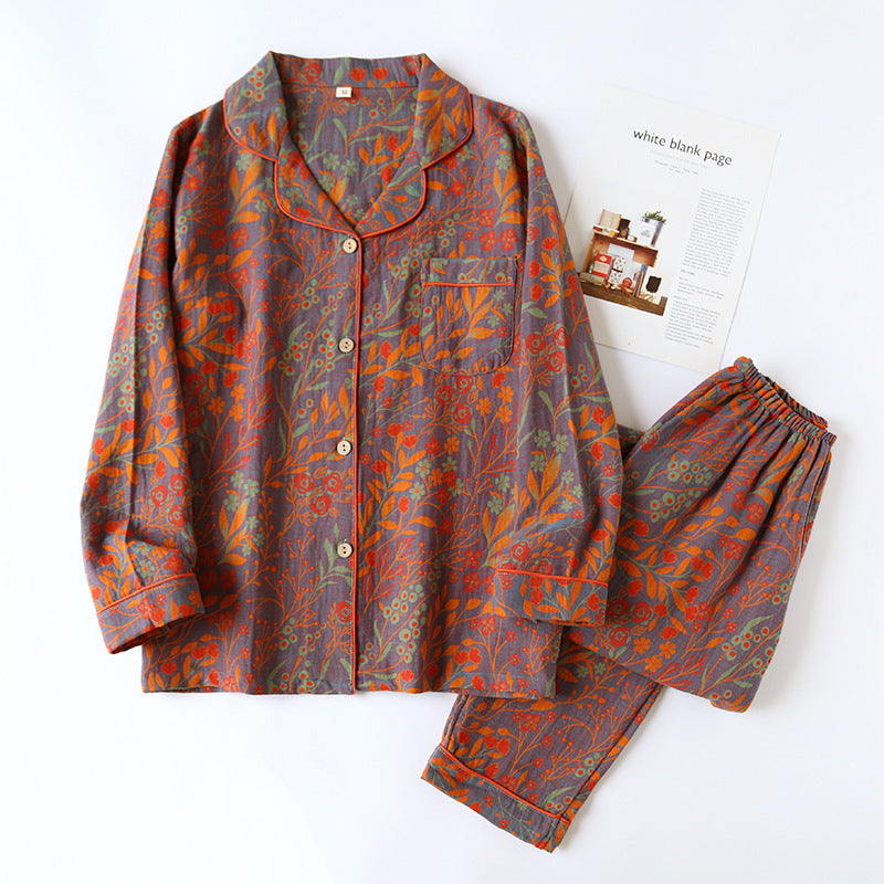 Cotton Yarn-dyed Jacquard Vintage Leaf Pajamas Set Women