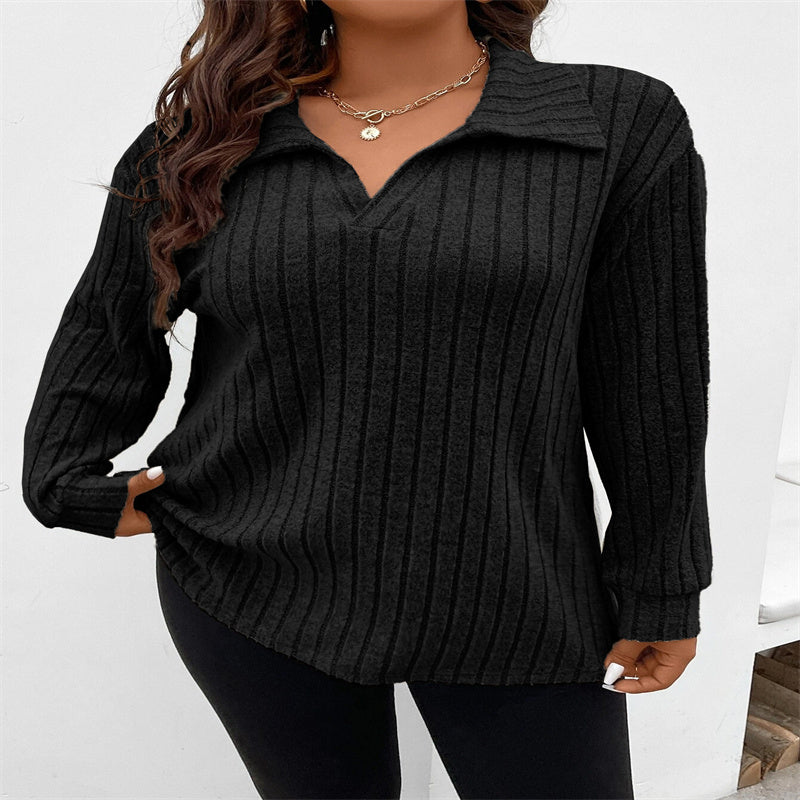 Solid Color Plus Size Women's Clothes Top V-shaped Lapel Long Sleeve Sunken Stripe Brushed T-shirt Loose