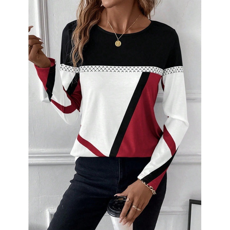 Pullover Round Neck Contrast Color Stitching Geometric Print Top