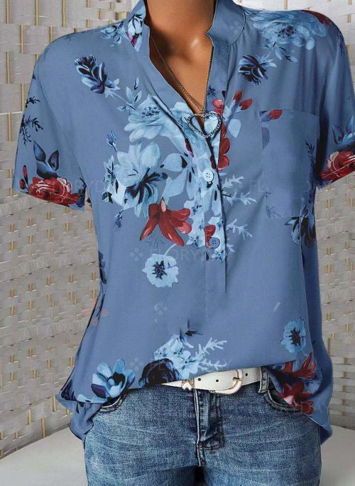 Fashion Flower Printed Tops V-neck Short Sleeve Shirt