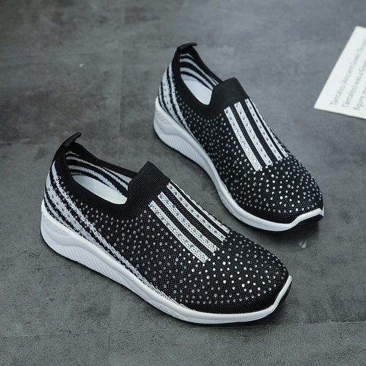 Rhinestone Elastic Foot Knit Casual Shoes Women