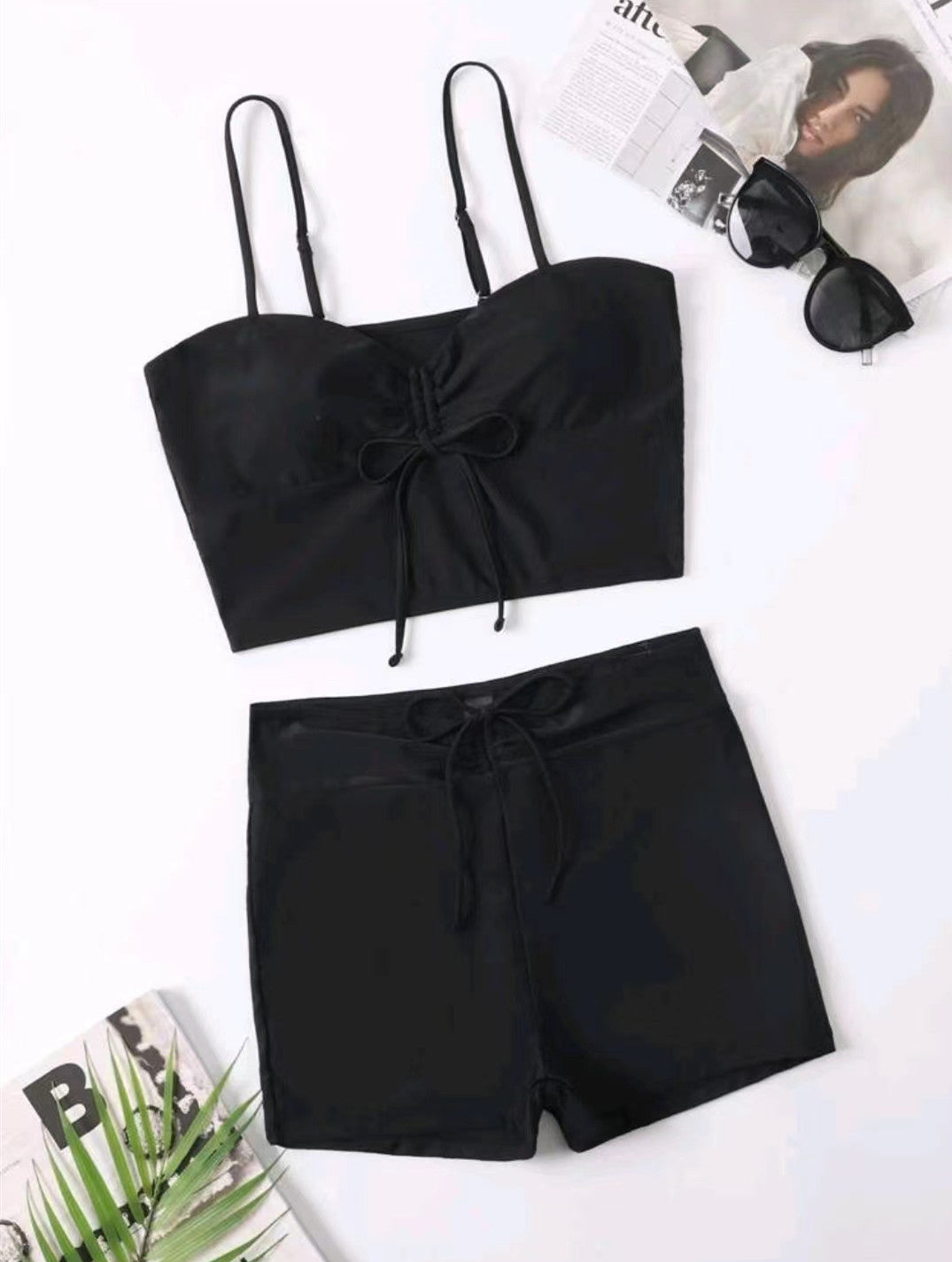 Women's Solid Color Split High Waist Boxers Drawstring Design Swimsuit