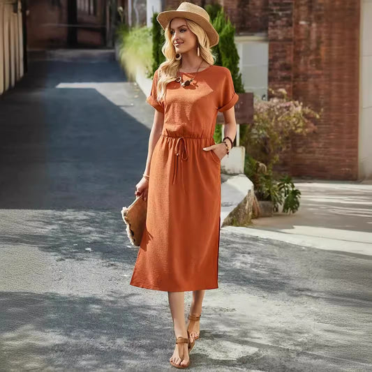 Round Neck Waist Trimming Solid Color Dress