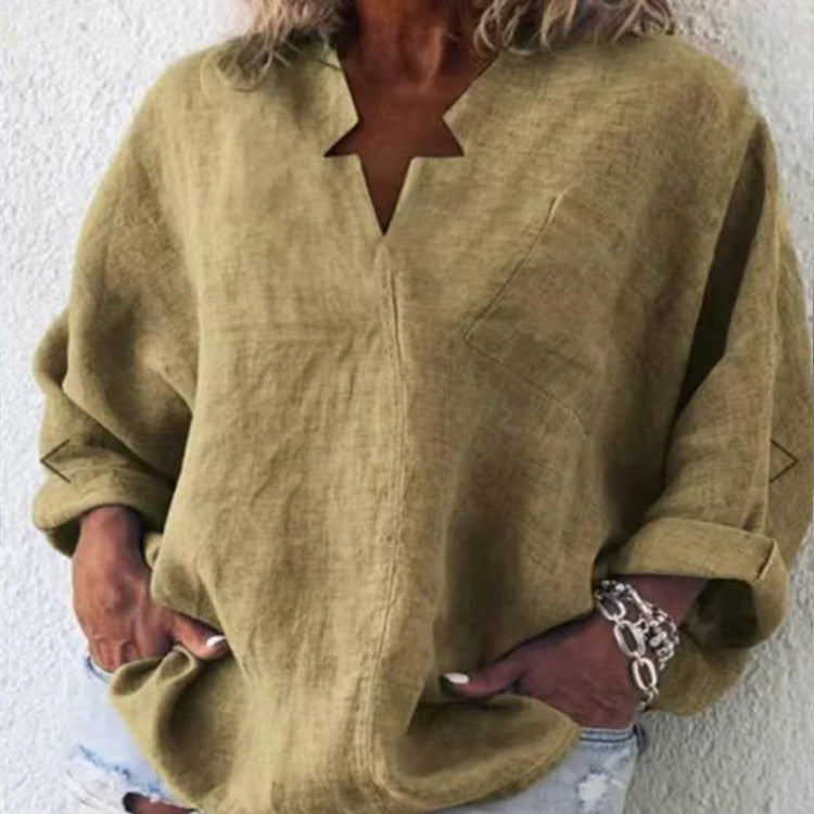 Solid Color Cotton And Linen Plus Size Long Sleeve Pullover Urban Leisure Mid-length V-neck Shirt