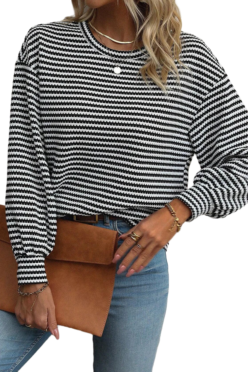 Black Stripe Round Neck Drop Shoulder Long Sleeve Top