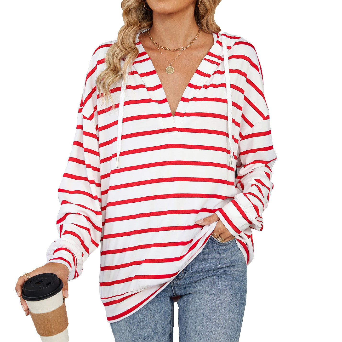 Hoodie With Drawstrings Striped Long Sleeve Top