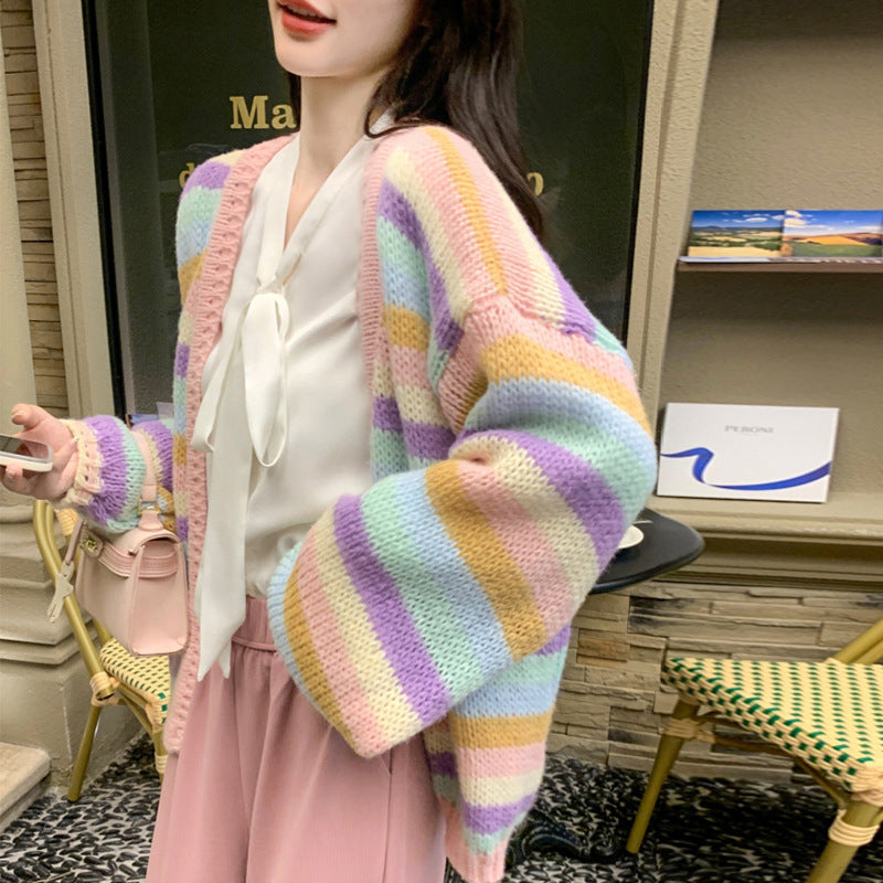 Rainbow Striped Knitted Cardigan For Women Loose Sweater Coat