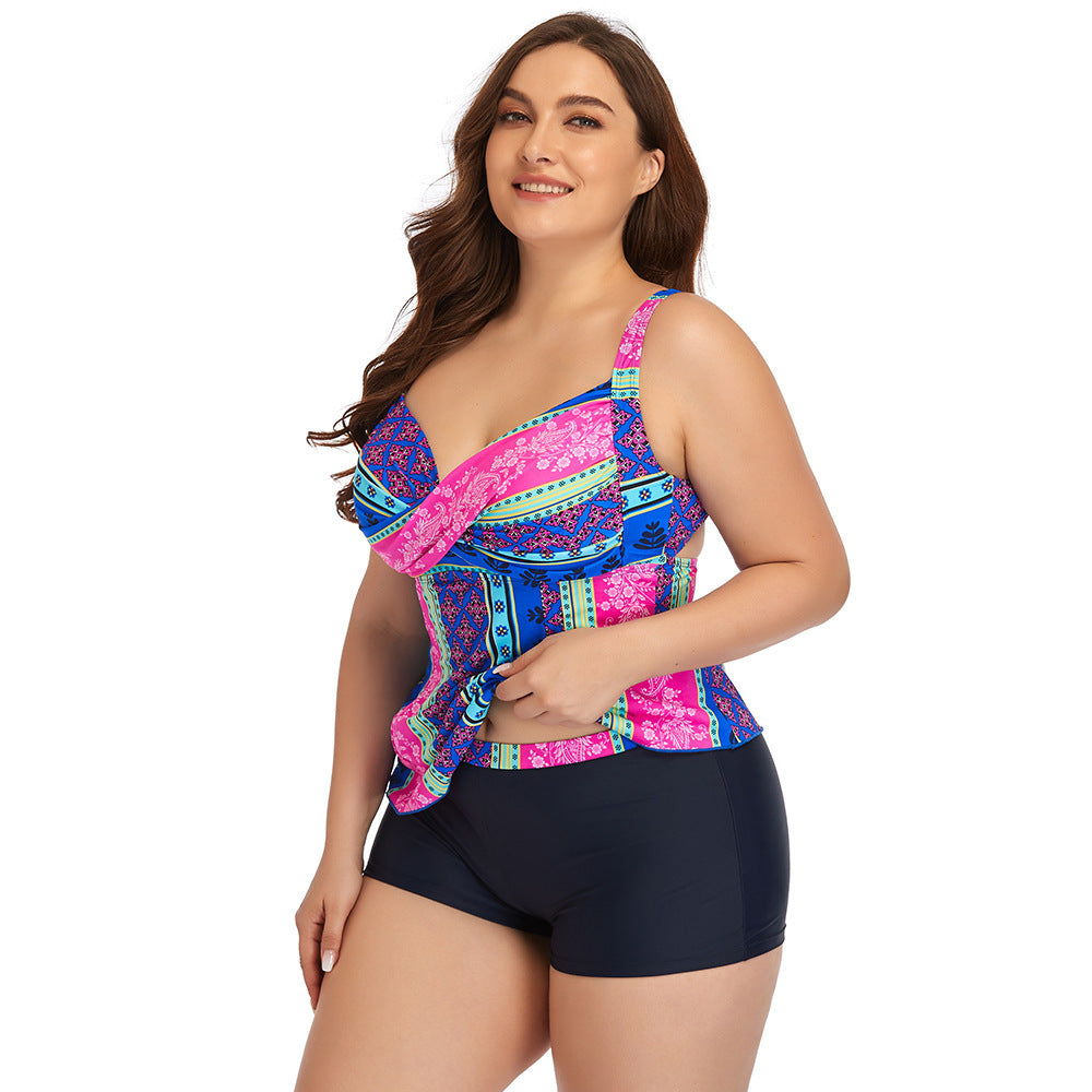 Women's Large Size Printed Conservative Four-corner Split Swimsuit