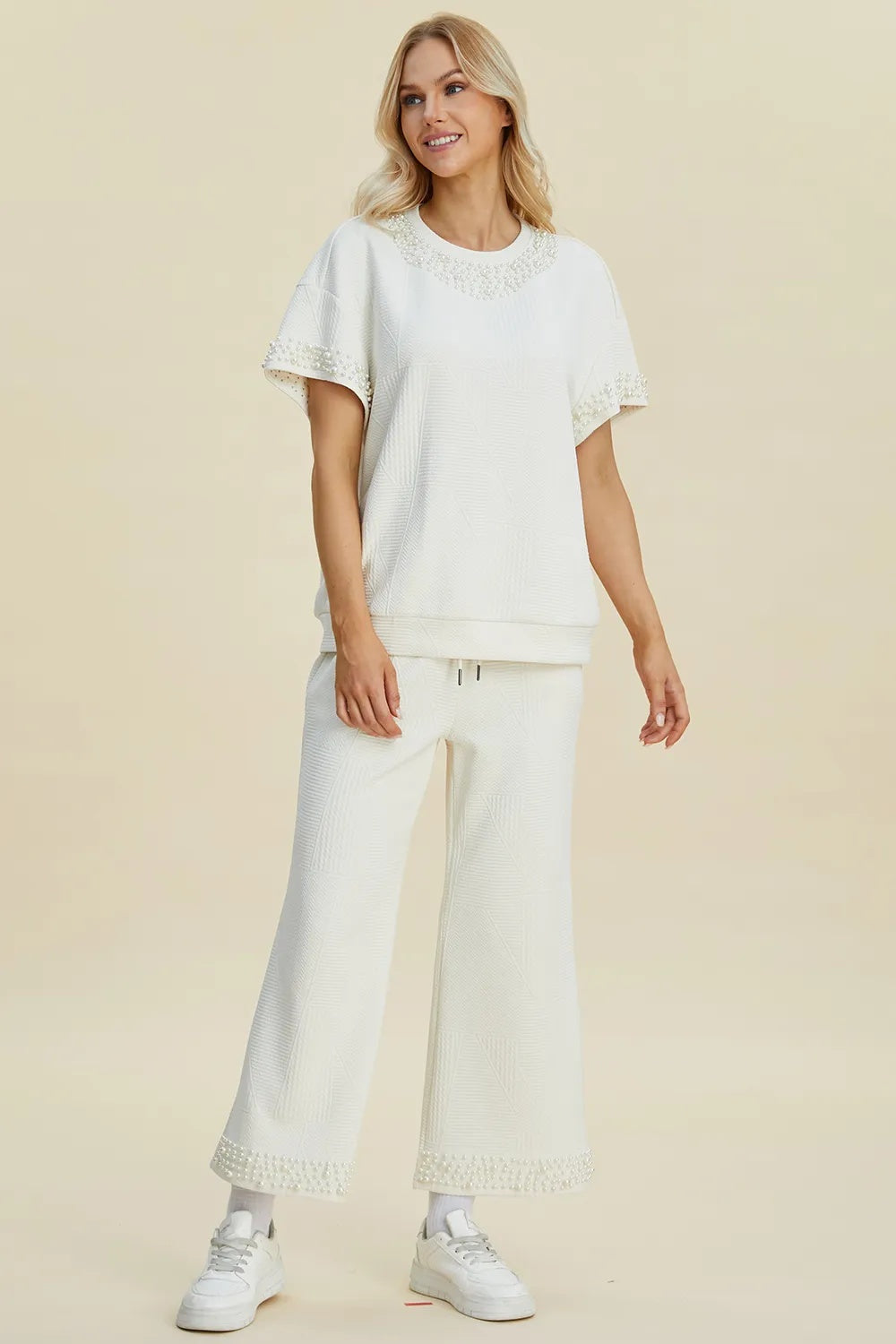 Double Take Full Size Pearl Detail Round Neck Top And Pants Set