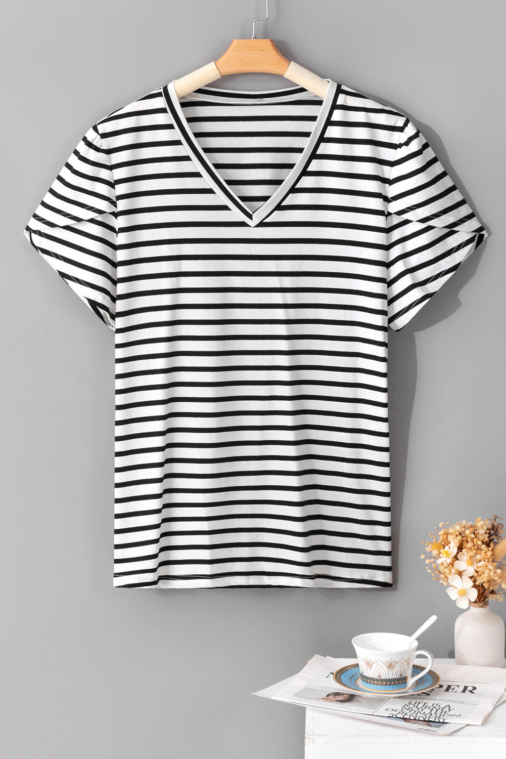 White Stripe V Neck Petal Sleeve Plus Size T-Shirt