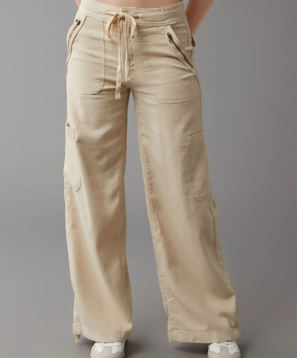 Female Color Elastic-waist Straight-leg Pants