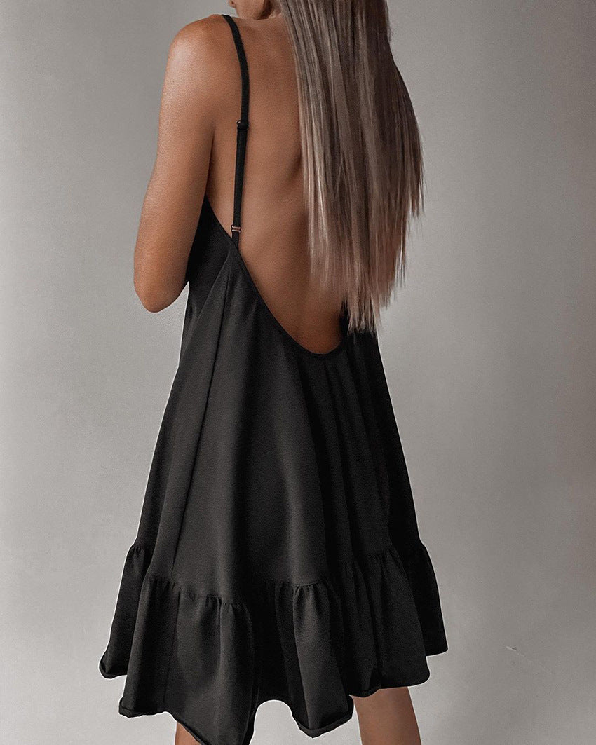 Summer Thin With Shoulder-straps Backless Ruffled Nightdress