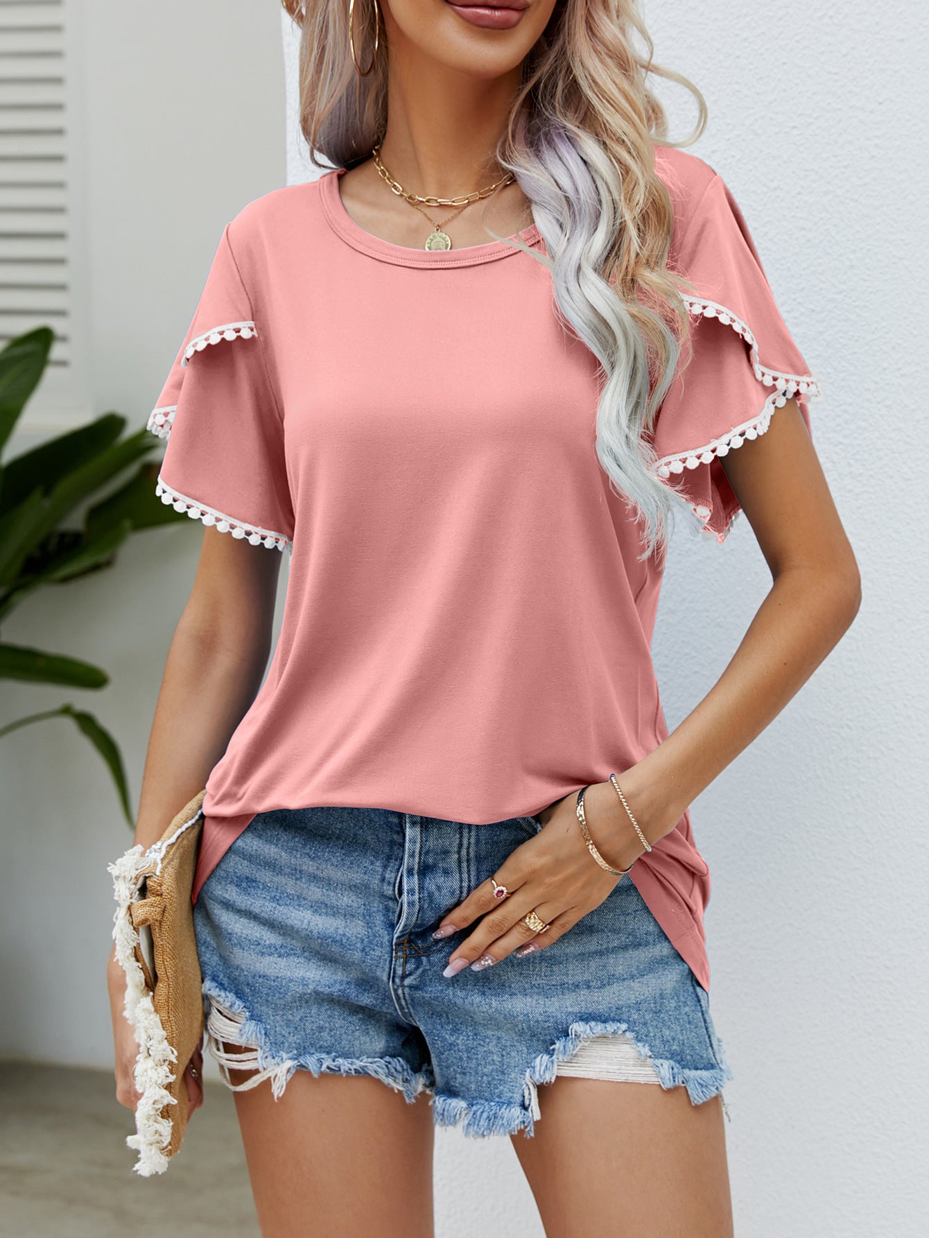 Round Neck Tassel Tulip Sleeve T-shirt Casual Top For Women