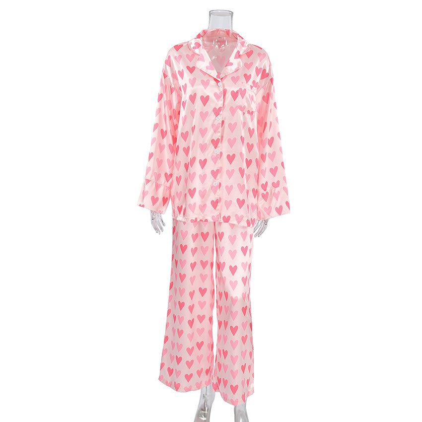 Heart Printing Cardigan Long Sleeve Pants Pajamas Two-piece Set