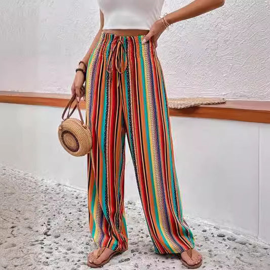 Multi-color Stripe Women's Casual Pants Tied Elastic Waist