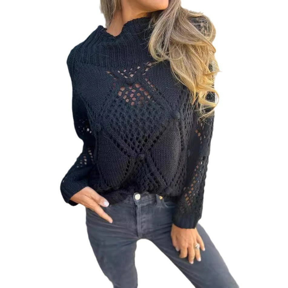 European And American Leisure Loose Hollow Out Sweater Round Neck Knitted Top