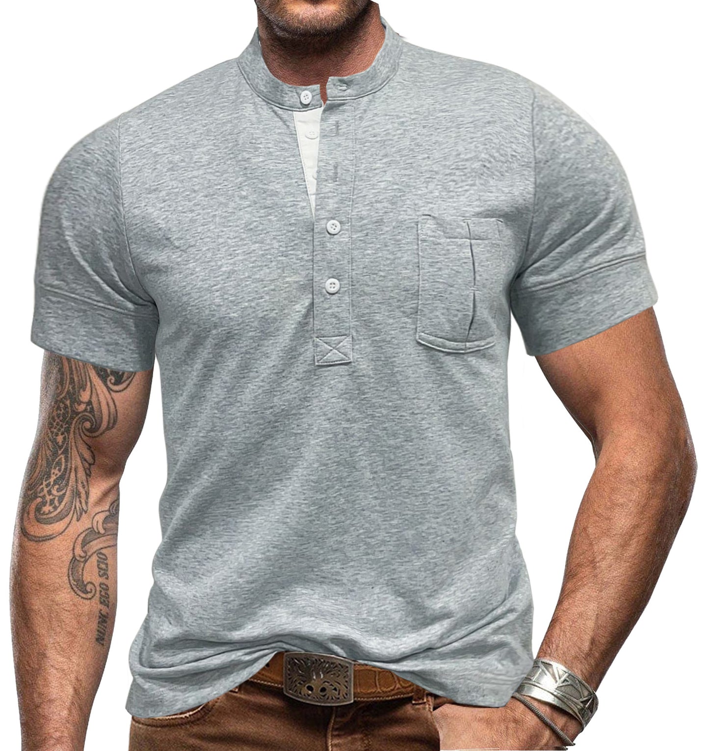 Outdoor Autumn And Winter Round Neck Open Tube Henry Short Sleeve Pocket Men's Polo Shirt