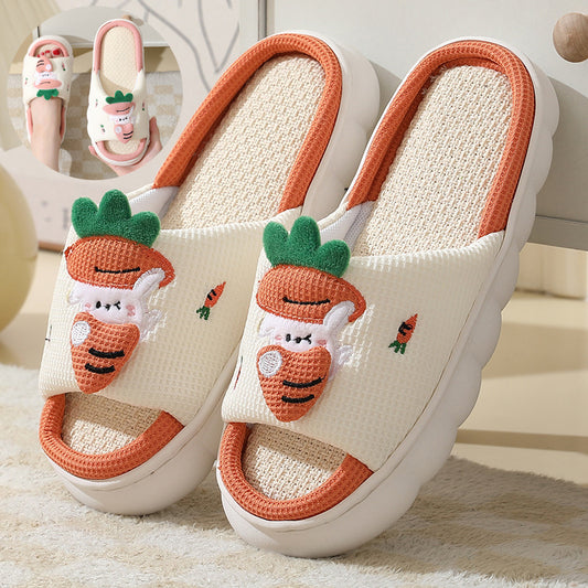 Cute Carrot Rabbit Shoes Linen Slippers Men And Women Couples Indoor Non-slip Thick Bottom House Shoes