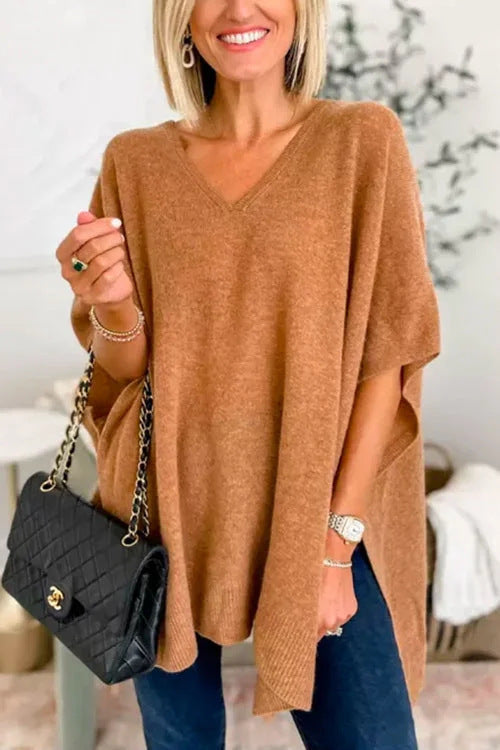 Batwing Sleeve Knitted Outer Solid Color And V-neck Pullover Loose Sweater