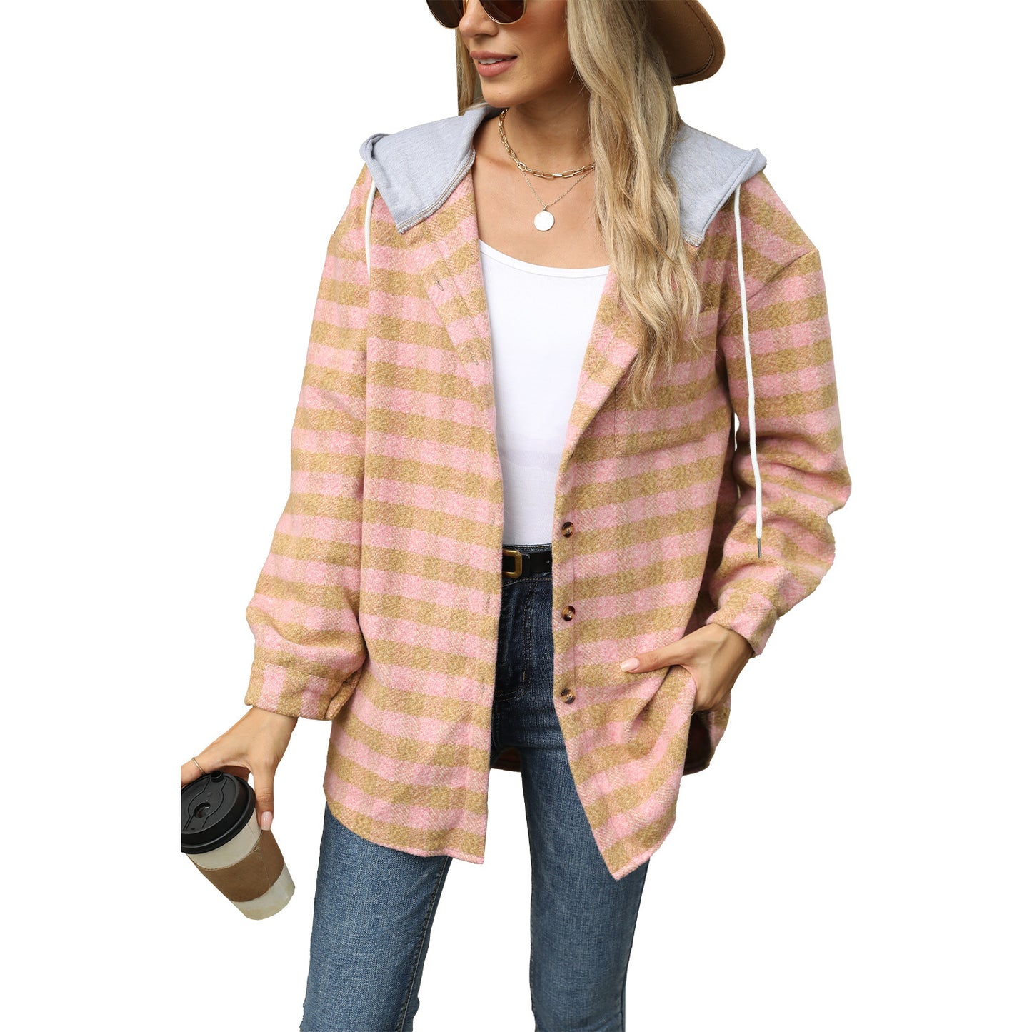 Women's Hooded Plaid Stitching Single-breasted Jacket