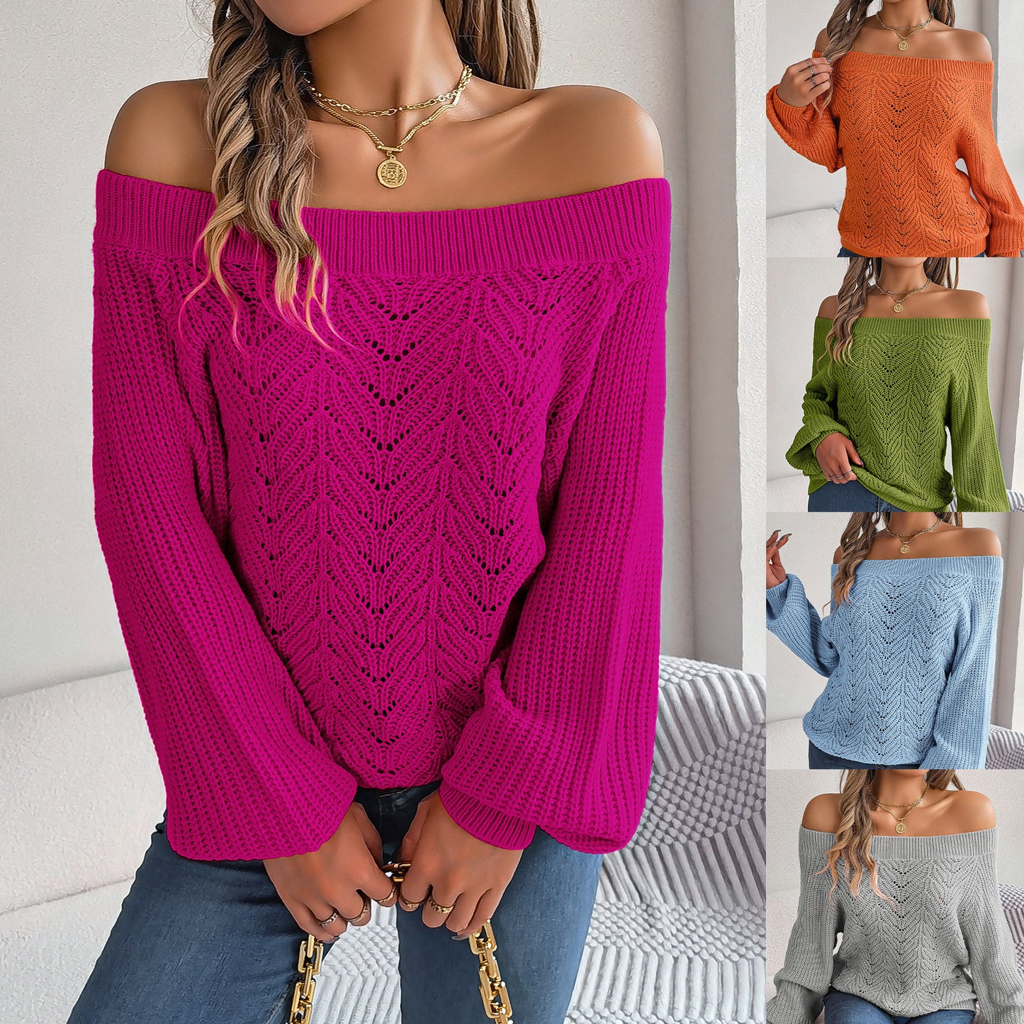 Leisure Solid Color Hollow-out Off-neck Off-the-shoulder Lantern Sleeve Sweater