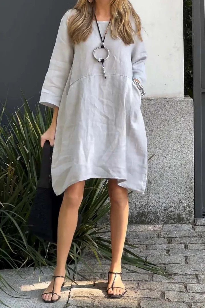 Women's Cute Solid Color Loose Casual Pocket Cotton Linen Dress