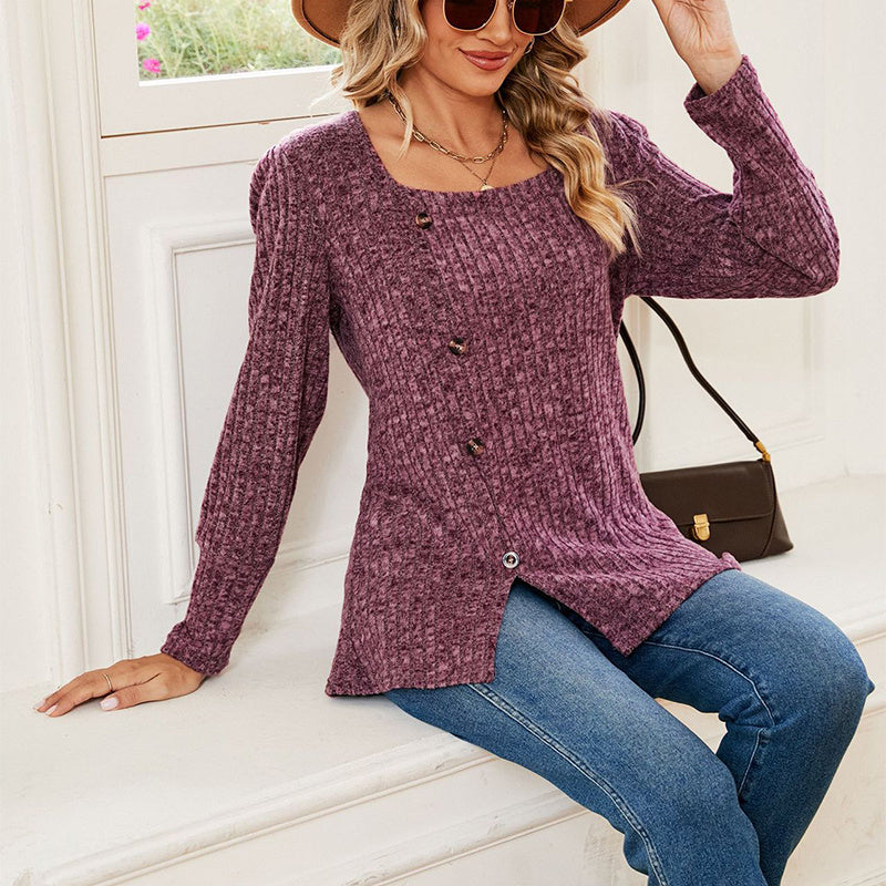 Women's Fashion Casual Loose Square Collar Button Long Sleeve Top