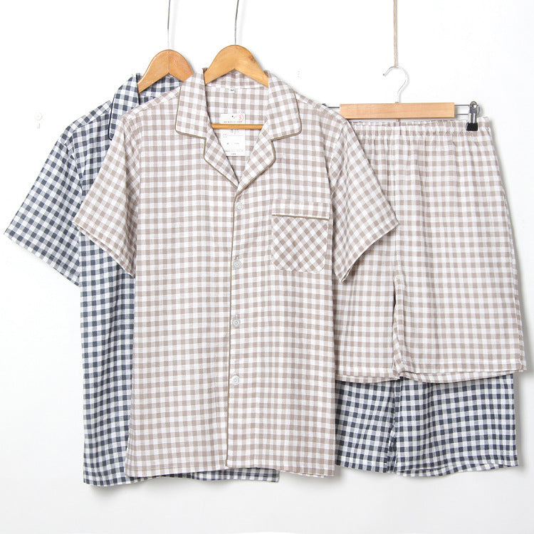 Men's Pajamas Double Gauze Home Short Plaid Set