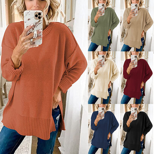 Round Neck Sweater Long Sleeve Side Slit Loose Wool Knit Pullover Top