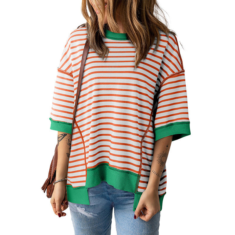 Women's Striped Color Matching Short-sleeved T-shirt