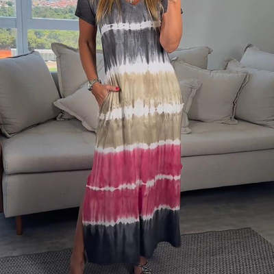Summer V-neck Striped Printed Short Sleeve Plus Size Loose Dress