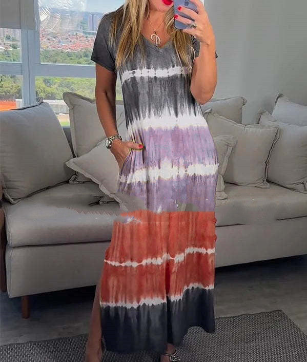Summer V-neck Striped Printed Short Sleeve Plus Size Loose Dress