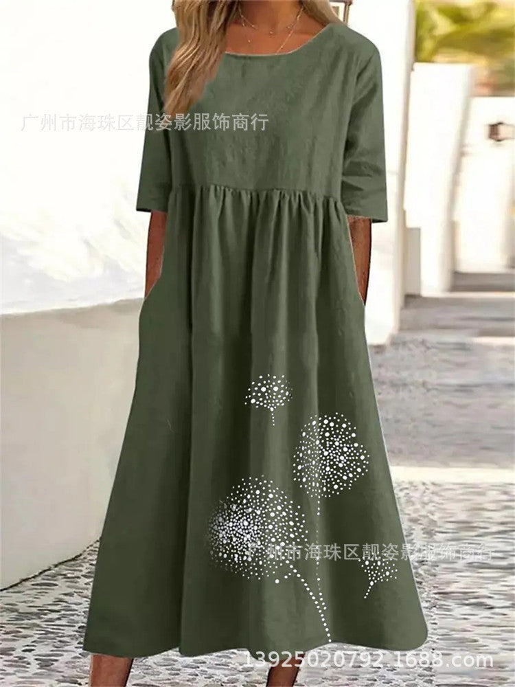 Round Neck Half Sleeve Printed Plus Size Loose Casual Dress