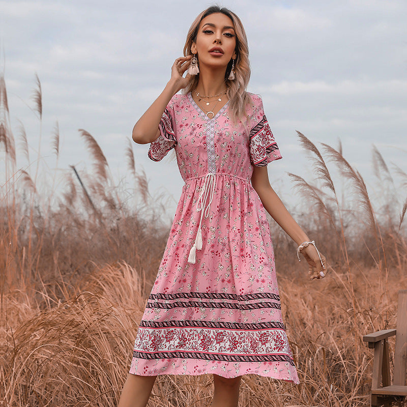 Women's Pink V-neck Printed Dress