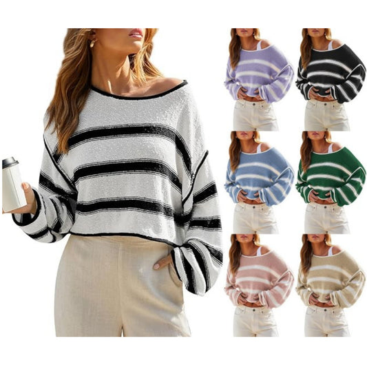 Pullover Knitting Off-the-shoulder Short Shipment Women's Striped